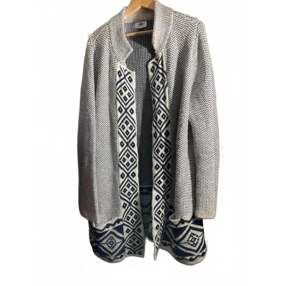 Cozy Grey and Navy Southwestern Patterned Women's Cardigan Sweater XL